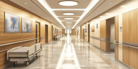 Naklejka premium light brown and gold modern hospital corridor with different rooms, elegant wooden wall panel and marble floor 