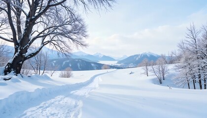 Snow-covered winter road surrounded by trees and mountains under a cloudy sky