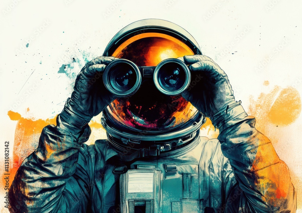 Aufkleber an astronaut using binoculars against a vibrant, abstract background.