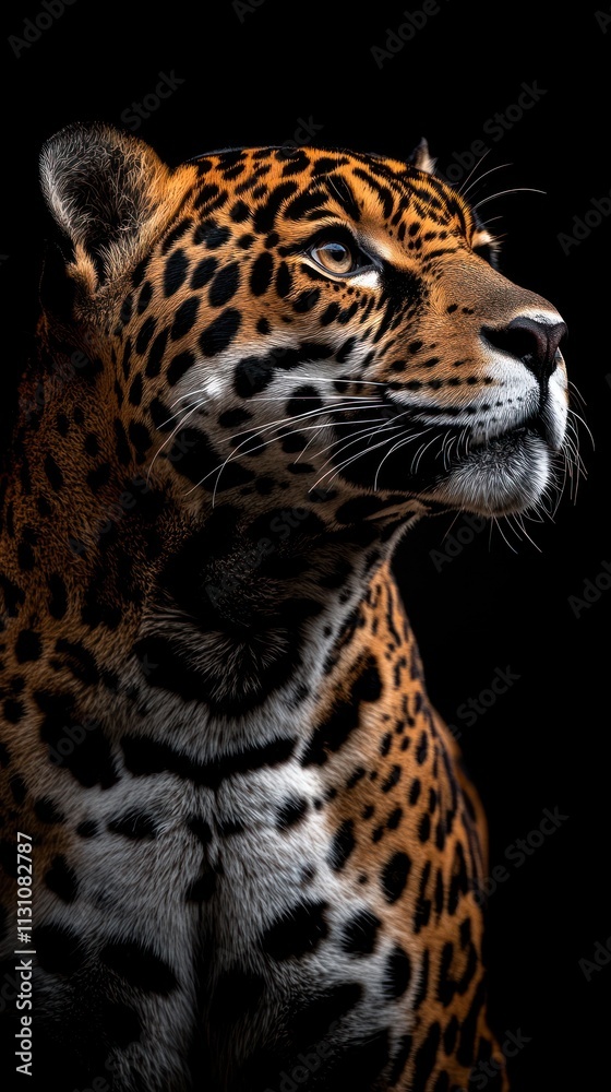 Poster A close-up portrait of a leopard showcasing its striking features and distinctive coat patterns.