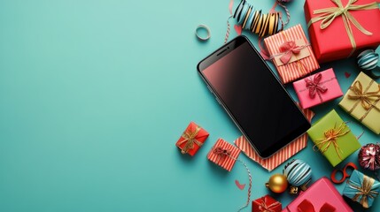 Smartphone with Christmas gifts and decorations on teal background.