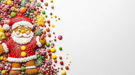 Cute gingerbread Santa Claus surrounded by colorful candies on a white background