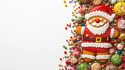 Cute gingerbread Santa Claus surrounded by colorful candies on a white background