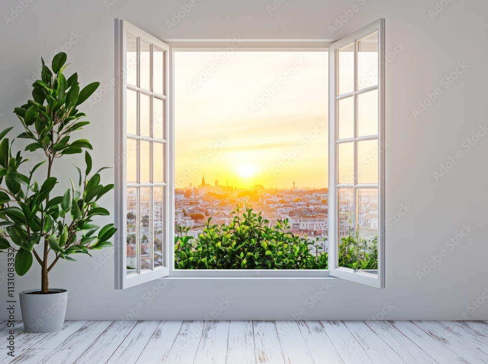 Poster A serene view of a sunset through an open window with a potted plant.