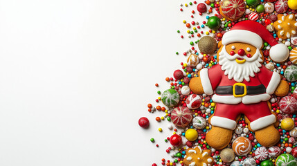Cute gingerbread Santa Claus surrounded by colorful candies on a white background