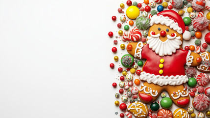 Cute gingerbread Santa Claus surrounded by colorful candies on a white background