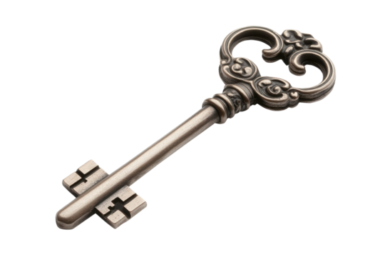Antique metal key with an intricate ornate design, silver finish, and detailed craftsmanship, isolated on white background