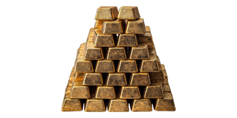 Stack of gold bars in pyramid shape isolated on transparent background