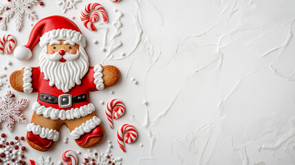 Minimalist gingerbread Santa Claus with festive red and white decorations on a textured background