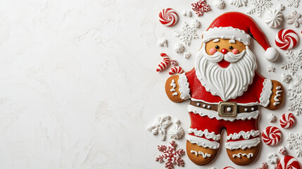 Minimalist gingerbread Santa Claus with festive red and white decorations on a textured background
