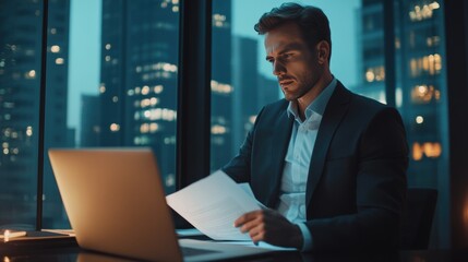 Fototapeta premium Business Professional Analyzing Documents With Laptop at Night