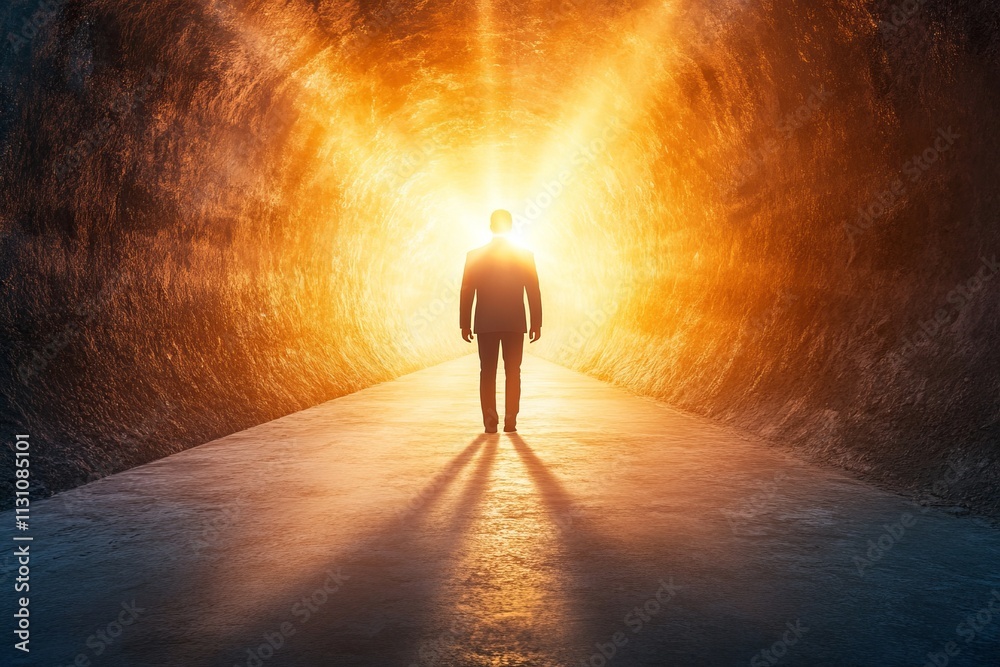 Wall mural a man is walking down a tunnel with a light shining on him