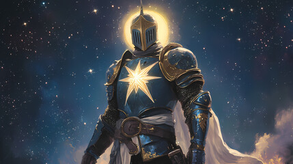 Naklejka premium A knight clad in blue and gold armor stands against a starry night sky. a bright halo surrounds them, and a large, luminous star is emblazoned on their chest. Emblazoned. Illustration