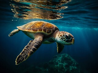 Fototapeta premium disgruntled sea turtle underwater deep in the sea ocean