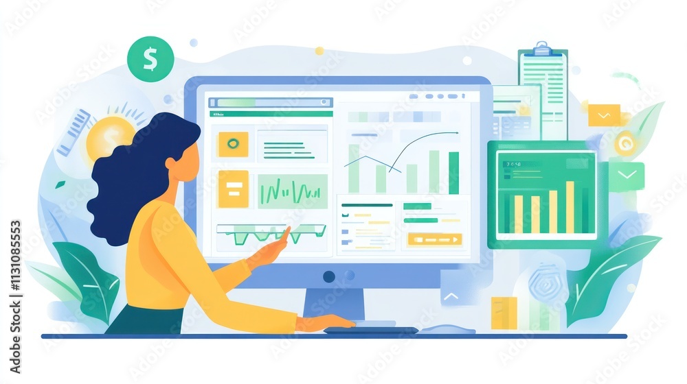 Poster A person analyzing data on a computer, surrounded by charts and financial elements.