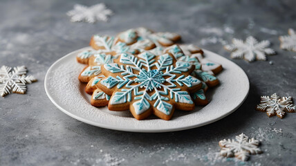 Homemade Christmas gingerbread in the form of snowflakes in icing sugar. Delicious gingerbread on a gray concrete background. Freshly baked Christmas gingerbread.