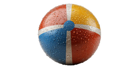 Multicolored beach ball with water droplets isolated on transparent background