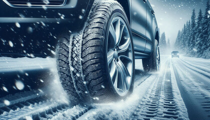 car tires equipped with specialized winter treads, gripping the snowy road surface. The image emphasizes the importance of reliable winter tires for safe driving