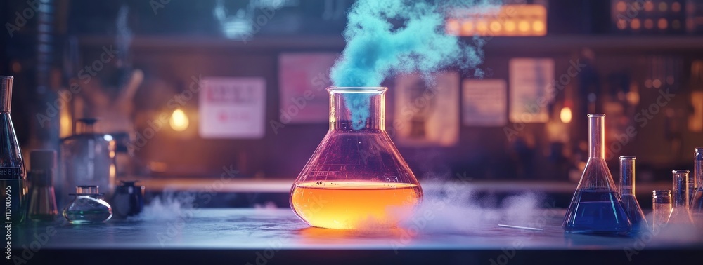 Poster A laboratory scene featuring a glowing flask with colorful smoke, suggesting scientific experimentation.