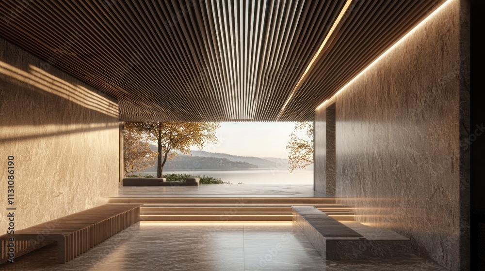 Poster a serene interior space with a view of nature, blending modern design and tranquility.