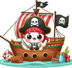 Naklejka premium cute Pirate ship with a flag .illustration vector on white background