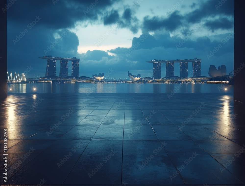 Aufkleber a serene waterfront view at dusk, showcasing modern architecture and reflective water.