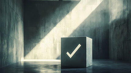 A stark white checkmark emblazoned on a gray cube, standing alone in a vast, concrete chamber bathed in sunlight. the image symbolizes a definitive decision or outcome. Emblazoned. Illustration