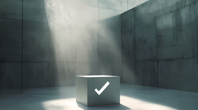 A stark white checkmark emblazoned on a gray cube, standing alone in a vast, concrete chamber bathed in sunlight. the image symbolizes a definitive decision or outcome. Emblazoned. Illustration