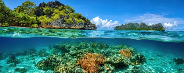 Obraz premium A vibrant underwater scene featuring colorful coral reefs and clear turquoise waters, contrasting with lush green islands under a bright blue sky.