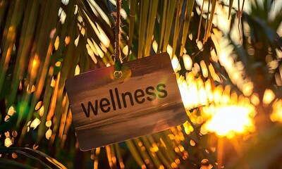 wellness paper label on tropical beach background at sunset