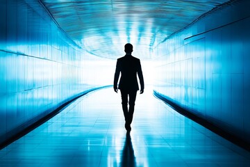 Fototapeta premium Silhouette of Businessman Walking Through Futuristic Blue Tunnel