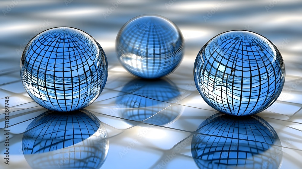 Canvas Prints three glass globes reflecting grid pattern.