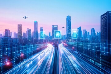 Fototapeta premium Futuristic Cityscape of Gleaming Skyscrapers and Advanced Infrastructure with Digital Holograms and Flying Vehicles