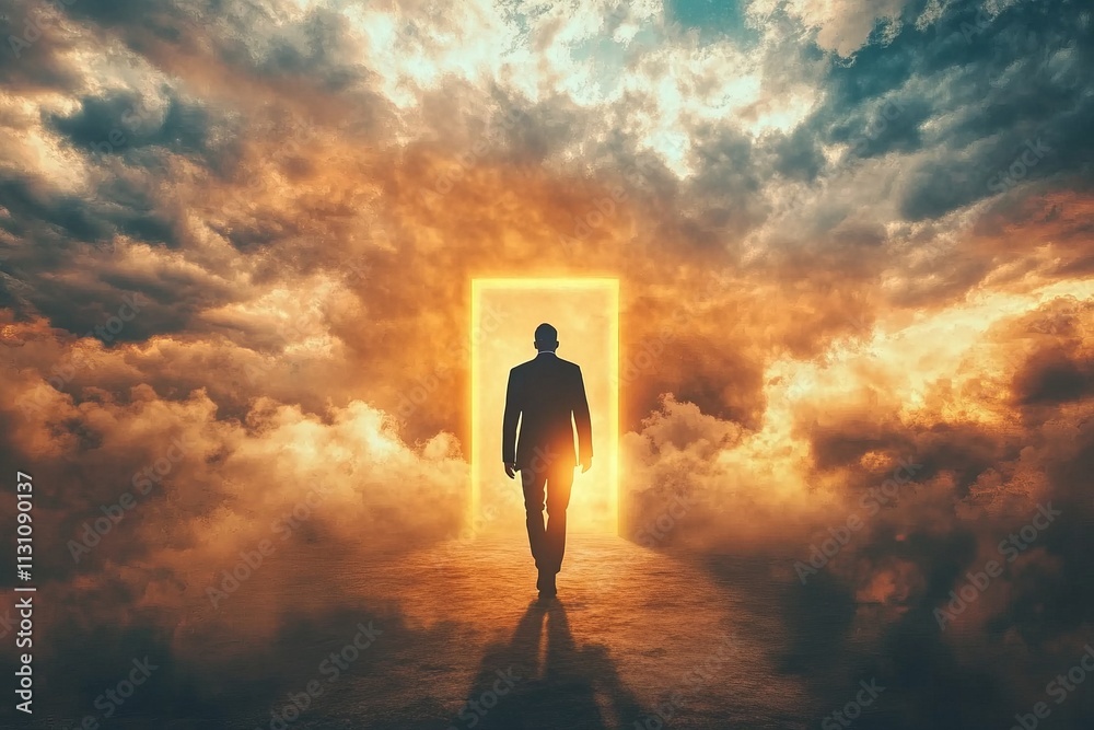 Canvas Prints a man is walking through a doorway in a cloudy sky
