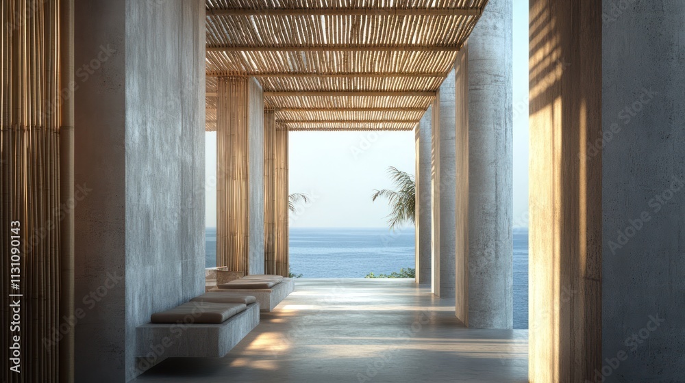 Aufkleber a serene architectural space with a view of the ocean, blending nature and modern design.
