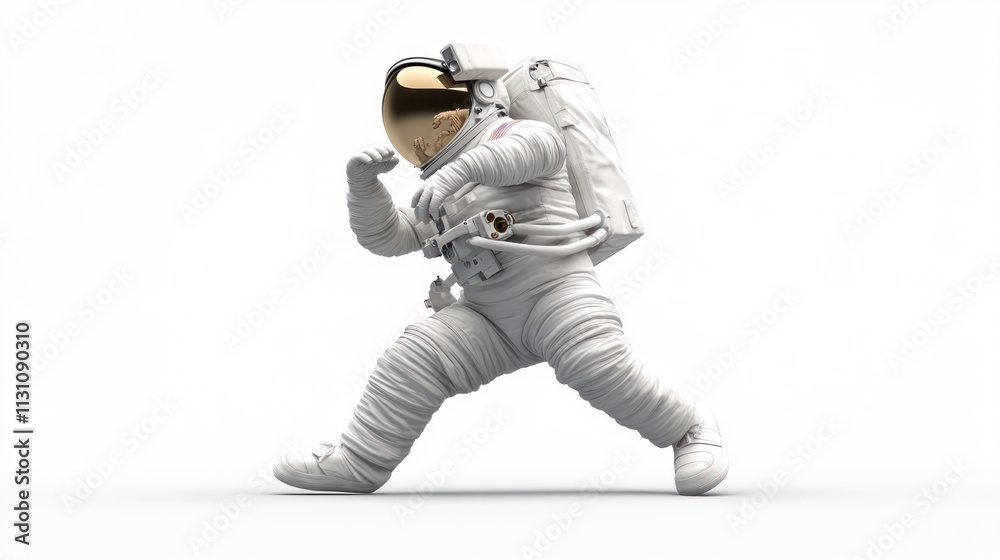 Poster A cartoonish astronaut in a white spacesuit, playfully walking in a minimalistic setting.