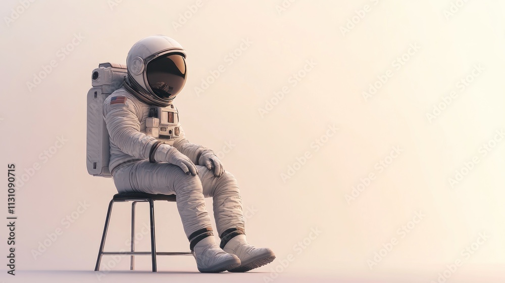 Poster An astronaut in a spacesuit sits on a stool, gazing contemplatively into the distance.