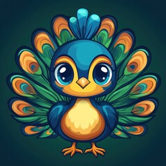 Fototapeta premium Adorable cartoon peacock with large eyes and vibrant tail feathers.