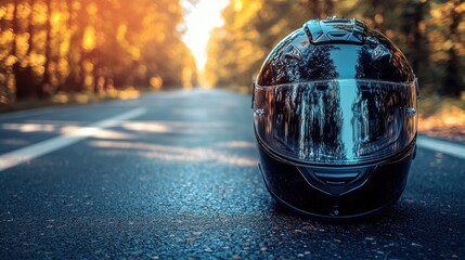 Black Motorcycle Helmet on Road Surrounded by Autumn Trees and Light