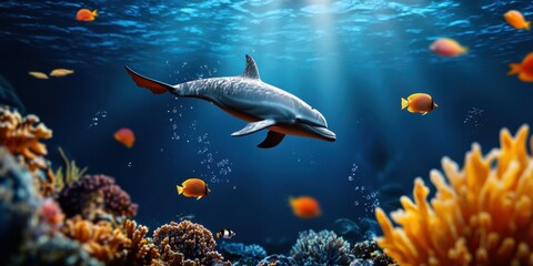 Obraz premium A serene underwater scene featuring a dolphin swimming among vibrant coral and colorful fish, illuminated by sunlight filtering through the ocean surface.