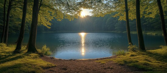 Obraz premium Serene sunrise over a calm forest lake.
