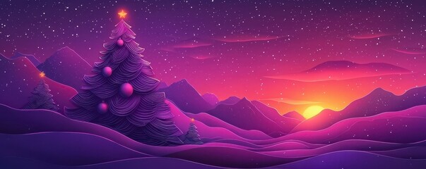 Fototapeta premium A vibrant winter landscape featuring a decorated Christmas tree against a colorful sunset with snow-covered mountains and a starry sky.