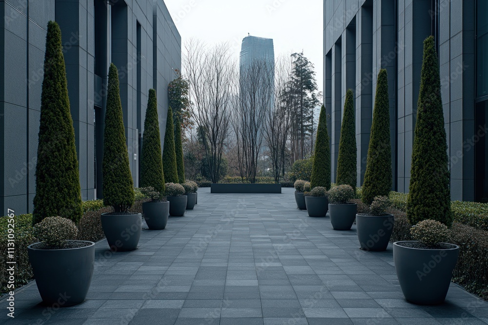 Poster A modern pathway flanked by neatly trimmed trees and shrubs in a serene urban setting.