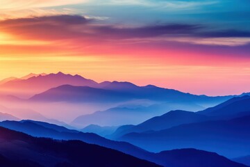 Obraz premium Colorful layers of mountain peaks at sunset with vibrant hues of orange, pink, and blue under a serene sky