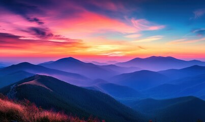 Fototapeta premium Colorful layers of mountain peaks at sunset with vibrant hues of orange, pink, and blue under a serene sky