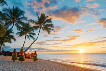 Obraz premium Radiant Tropical Hawaiian Luau Beach Sunset with Hula Dancers and Tiki Torches