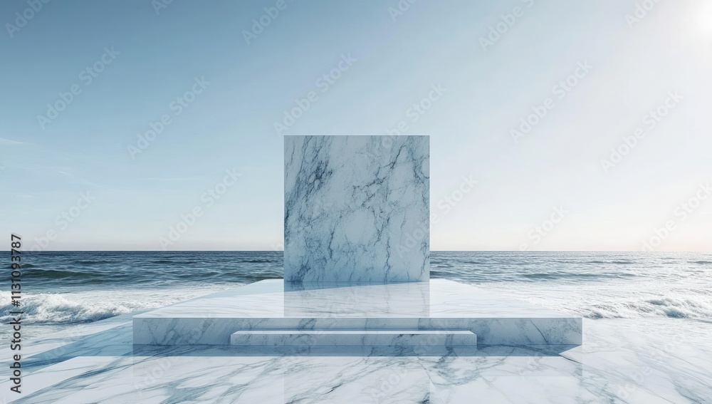 Poster A minimalist marble structure by the ocean, evoking calmness and serenity.