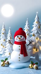 Obraz premium cheerful snowman dressed in a vibrant red hat and scarf, standing on a soft blue snowdrift. 