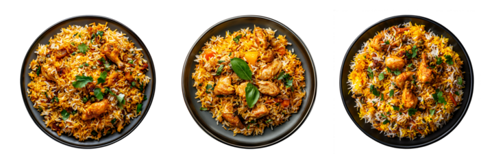 Collection set of Plate with chicken biryani isolated on transparent background, top view