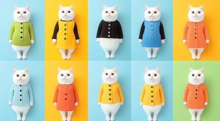 Colorful cat figurines showcase variations in playful attire against vibrant backgrounds